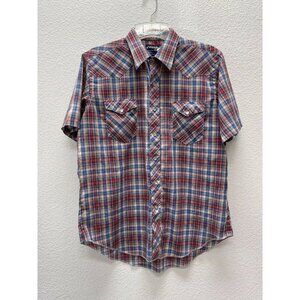 VTG Wrangler Shirt Plaid Check X-Long Tail Regular Fit Western Cowboy Pearl Snap